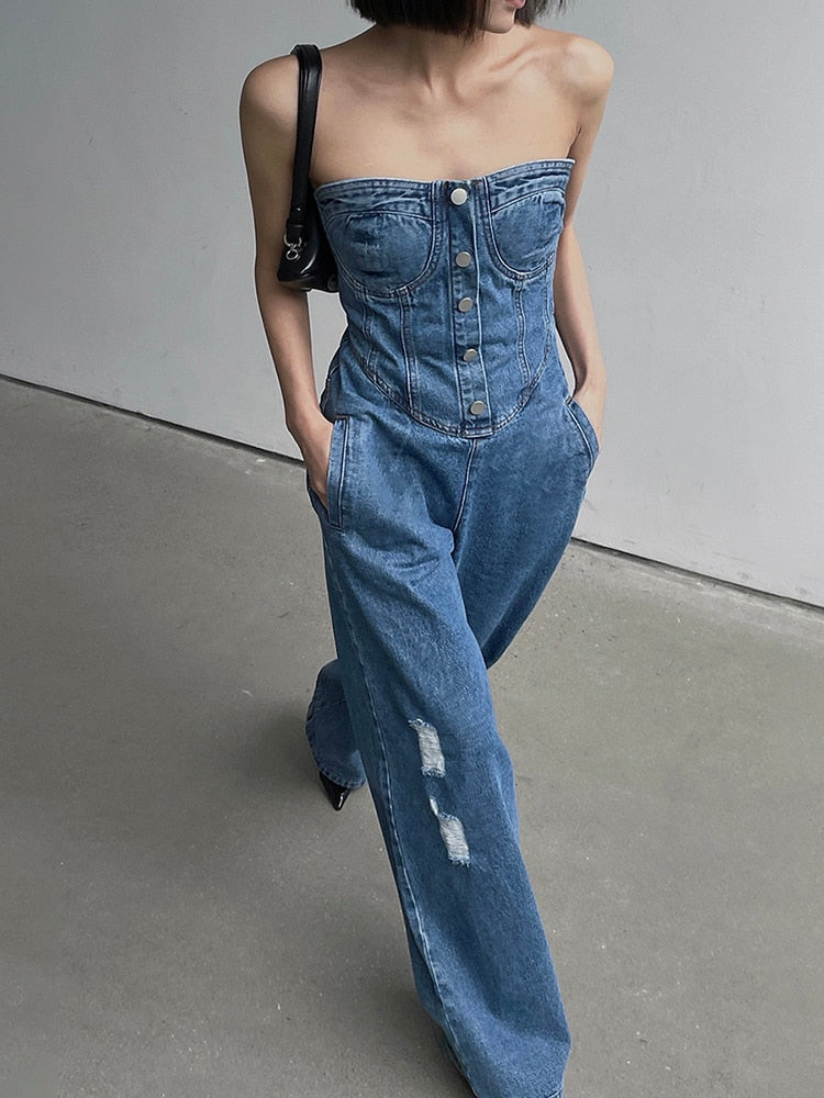 Denim Strapless Jumpsuit